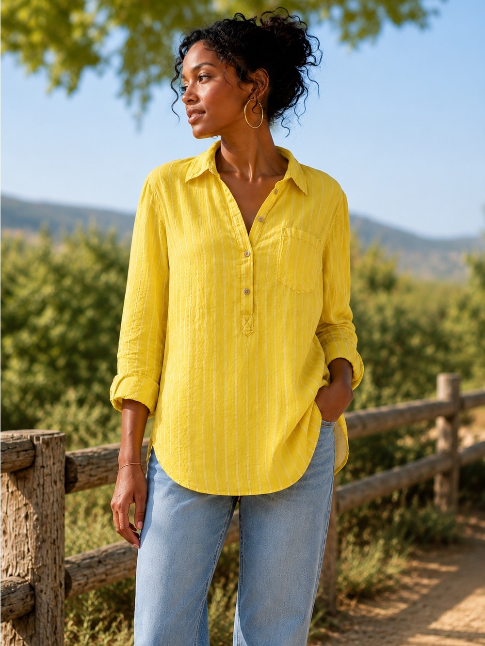 Merona Yellow Striped Tunic Blouse Rayon Long Sleeve Collared Top Size XL